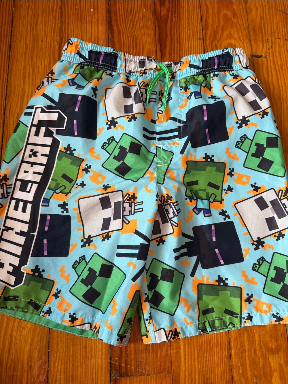 Minecraft Kids Swim Trunks - Aqua with Green & Black Character Print size 12